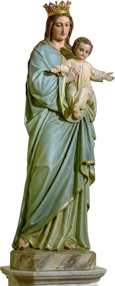 Our Lady with the Child — Crowned, in green and gold, on a marble base