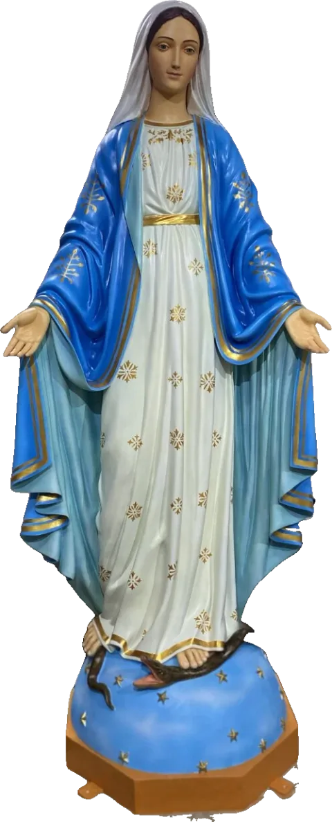 Our Lady of Grace — In deep blue with golden stars, on the globe