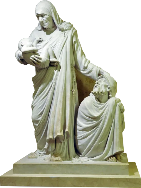 St Teresa of Calcutta — Holding a child, a mother kneeling beside her