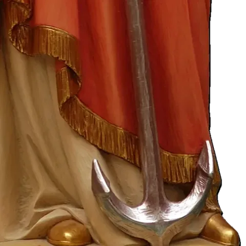 The silver anchor at the feet of St Philomena, her red robe above: detail of a Simon Art Co. statue