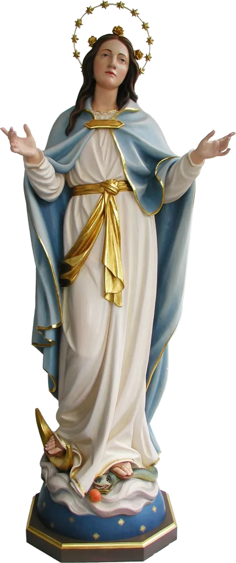 Assumption of Mary statue with arms open, a crown of stars, a gold sash and a pale blue mantle, on a starry blue base