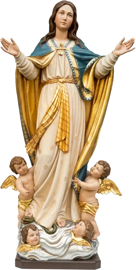 Assumption of Mary statue with arms raised, a gold-lined mantle and four cherubs on the clouds
