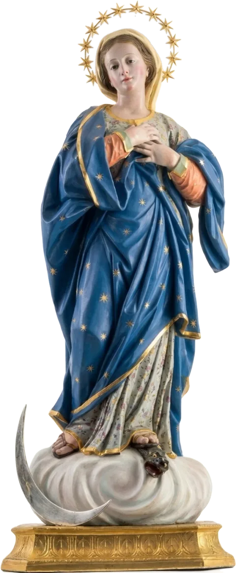 Assumption of Mary statue with a halo of stars, hands on her heart, standing on a cloud and crescent moon, in blue and gold