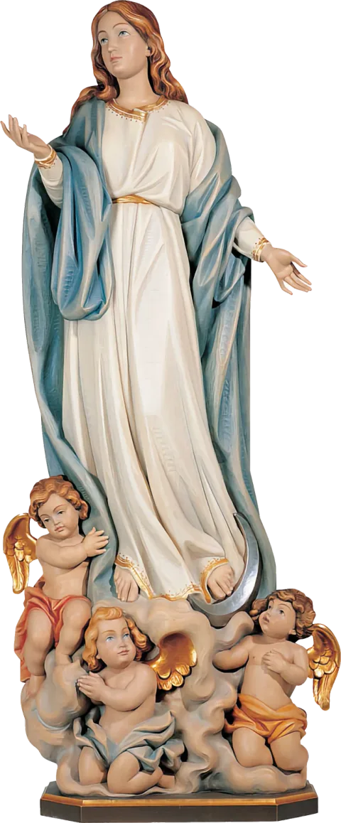 Assumption of Mary statue rising on clouds borne by three cherubs, in white and pale blue