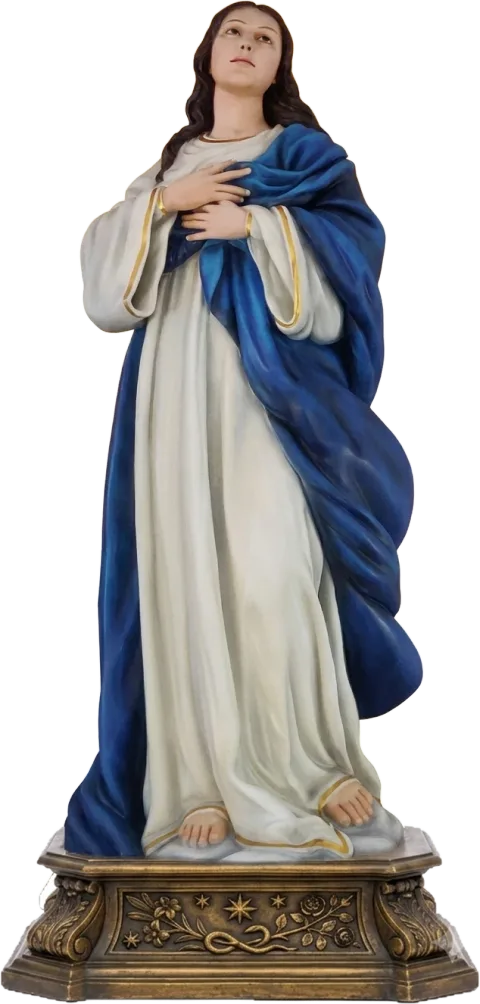 Assumption of Mary statue in white and deep blue, hand on her heart, on a carved bronze-finish base