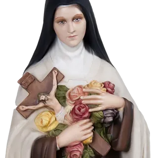St Thérèse of Lisieux in the Carmelite habit, black veil and white mantle, holding the crucifix and roses: detail of a Simon Art Co. statue