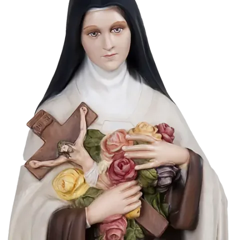 St Thérèse of Lisieux in the Carmelite habit, black veil and white mantle, holding the crucifix and roses: detail of a Simon Art Co. statue