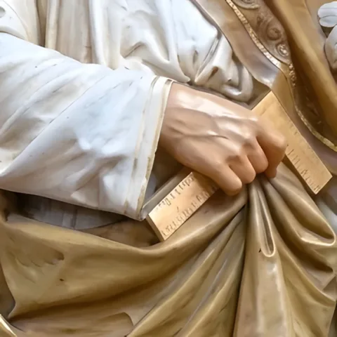 St Joseph the Worker holding his carpenter’s square: detail of a Simon Art Co. statue