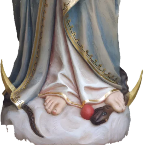 Our Lady standing on the crescent moon, crushing the serpent with the apple: detail of a Simon Art Co. statue
