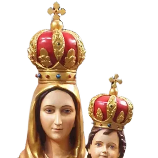 Our Lady of Vailankanni and the Child Jesus, both crowned with red and gold crowns: detail of a Simon Art Co. statue
