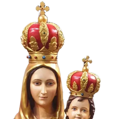 Our Lady of Vailankanni and the Child Jesus, both crowned with red and gold crowns: detail of a Simon Art Co. statue