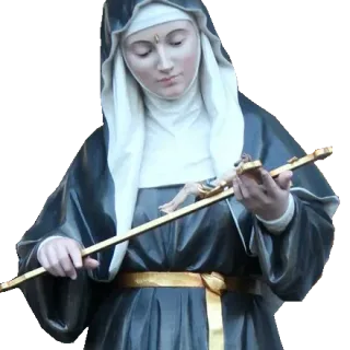 St Rita of Cascia gazing at the crucifix in her hands, the thorn wound on her forehead: detail of a Simon Art Co. statue