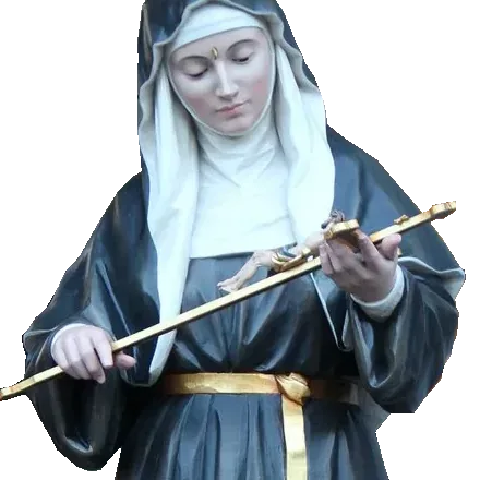 St Rita of Cascia gazing at the crucifix in her hands, the thorn wound on her forehead: detail of a Simon Art Co. statue
