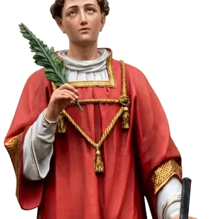 St Lawrence in the red dalmatic of a deacon, with gold orphreys and tassels, holding the palm: detail of a Simon Art Co. statue