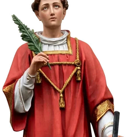 St Lawrence in the red dalmatic of a deacon, with gold orphreys and tassels, holding the palm: detail of a Simon Art Co. statue
