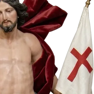 The Risen Christ with the white banner of the Resurrection marked with a red cross: detail of a Simon Art Co. statue