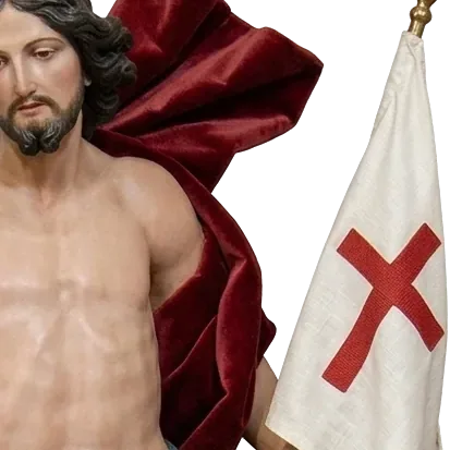 The Risen Christ with the white banner of the Resurrection marked with a red cross: detail of a Simon Art Co. statue