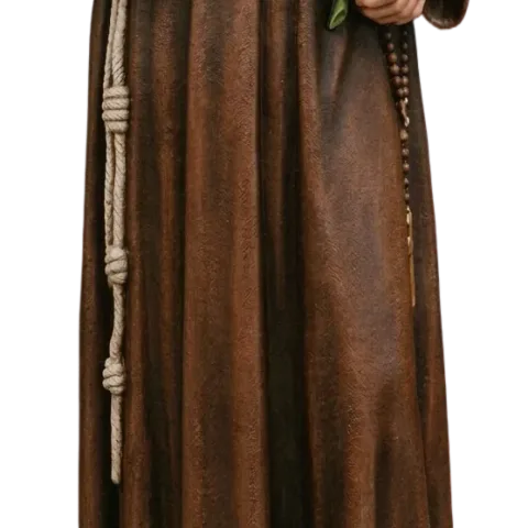 The brown habit of St Antony of Padua with the knotted white cord at his side: detail of a Simon Art Co. statue