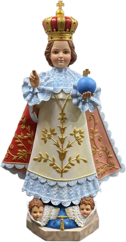 Infant Jesus of Prague statue with crown and orb, a lace-trimmed robe and red mantle, two cherubs at his feet