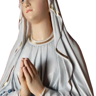 Our Lady of Lourdes with her hands joined in prayer and her eyes raised: detail of a Simon Art Co. statue