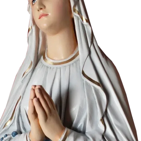 Our Lady of Lourdes with her hands joined in prayer and her eyes raised: detail of a Simon Art Co. statue