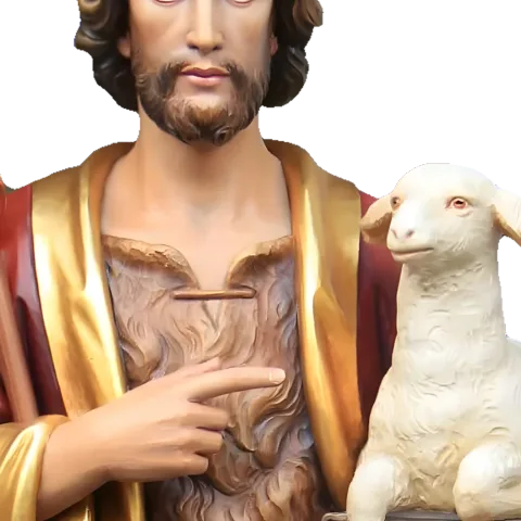 St John the Baptist pointing to the Lamb of God resting on a book: detail of a Simon Art Co. statue