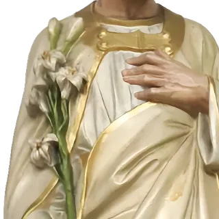 White lilies in St Joseph’s hand, his other hand on his heart: detail of a Simon Art Co. statue