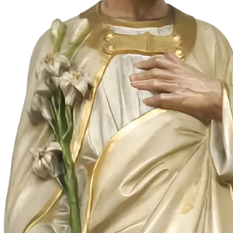 White lilies in St Joseph’s hand, his other hand on his heart: detail of a Simon Art Co. statue