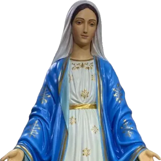 Our Lady of Grace in a deep blue mantle scattered with gold stars over a white robe: detail of a Simon Art Co. statue