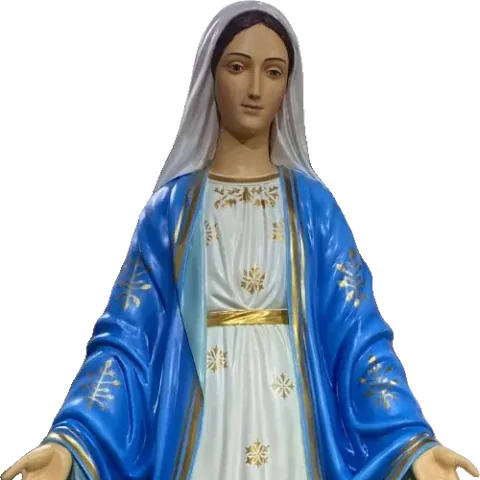 Our Lady of Grace in a deep blue mantle scattered with gold stars over a white robe: detail of a Simon Art Co. statue