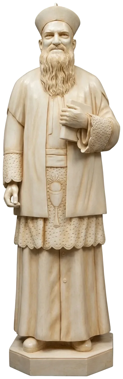 Msgr RFC Mascarenhas statue in cream, founder of the Bethany Sisters