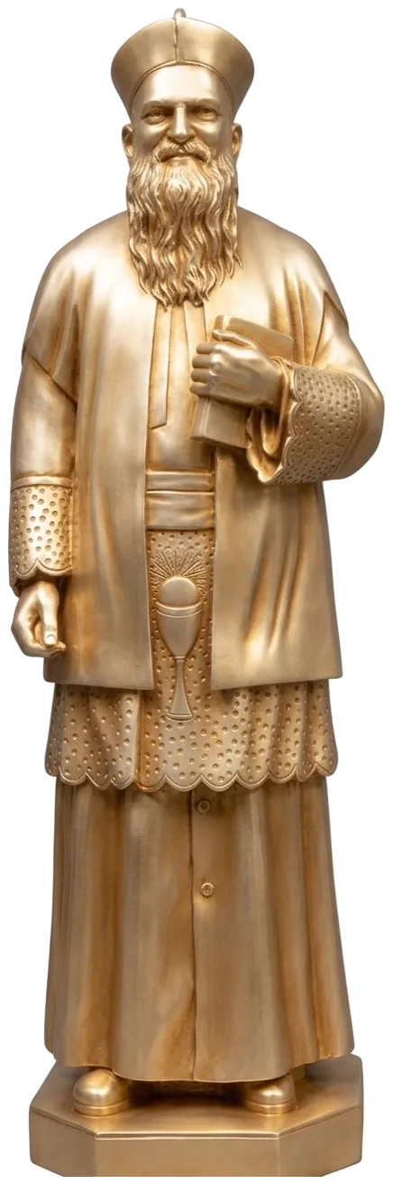 Msgr RFC Mascarenhas statue in golden beige, founder of the Bethany Sisters