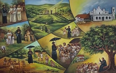 Oil painting of Msgr RFC Mascarenhas as parish priest of Holy Saviour Church, Agrar, walking the hills to visit families, by Simon Art Co.
