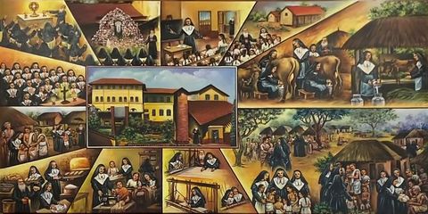 Oil painting of Msgr RFC Mascarenhas founding the Bethany Sisters at Bendur in 1921 and their work of prayer and service, by Simon Art Co.