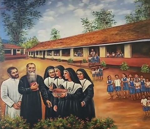 Oil painting of Msgr RFC Mascarenhas with the Bethany Sisters on the Malabar mission, where their first convent opened at Meppadi in 1937, by Simon Art Co.