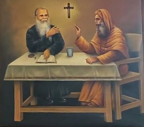 Oil painting of Msgr RFC Mascarenhas bringing the Bethany Sisters to the North Karnataka and Belgaum missions, by Simon Art Co.