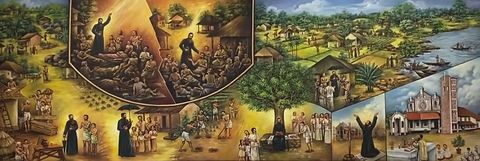 Oil painting of Msgr RFC Mascarenhas as parish priest of Udyavar, caring for flood and cholera victims and building the church, by Simon Art Co.