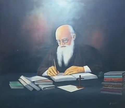 Oil painting of Msgr RFC Mascarenhas at his desk, translating the Bible and the Roman Missal into Konkani, by Simon Art Co.