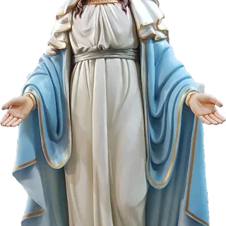 Our Lady of Grace in white and sky blue, her arms lowered and her hands open: detail of a Simon Art Co. statue