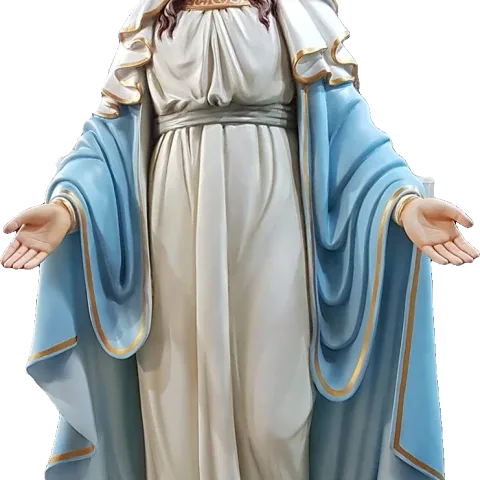 Our Lady of Grace in white and sky blue, her arms lowered and her hands open: detail of a Simon Art Co. statue