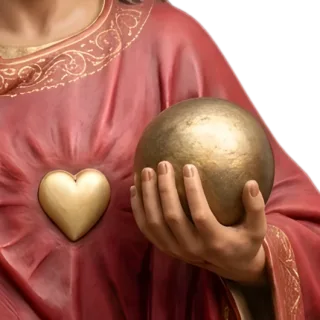Christ the King holding the golden orb, his heart on his breast: detail of a Simon Art Co. statue
