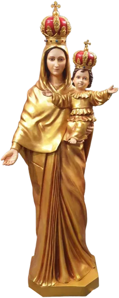 Our Lady of Vailankanni statue in gold, with the crowned Child