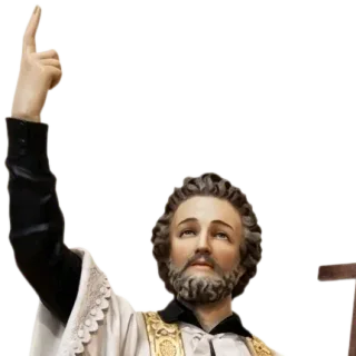 St Francis Xavier pointing to heaven, his eyes raised: detail of a Simon Art Co. statue