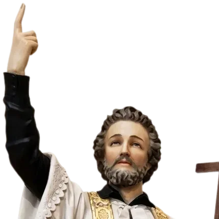 St Francis Xavier pointing to heaven, his eyes raised: detail of a Simon Art Co. statue