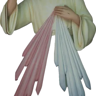 The red and pale rays flowing from the heart of the Divine Mercy, his hand at his breast: detail of a Simon Art Co. statue