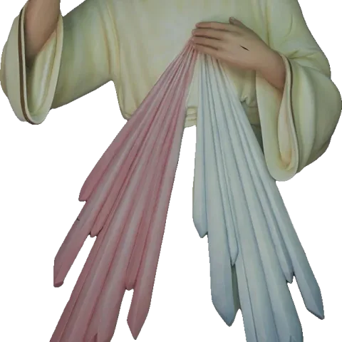 The red and pale rays flowing from the heart of the Divine Mercy, his hand at his breast: detail of a Simon Art Co. statue