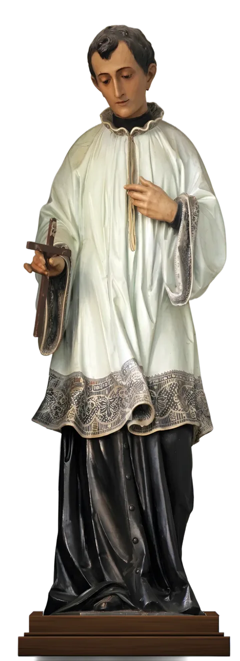 St Aloysius Gonzaga statue holding a small cross, in a pale green-white surplice with a deep lace border over a black cassock, natural finish