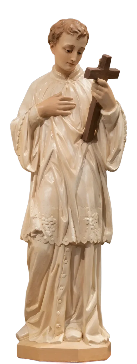 St Aloysius Gonzaga statue with his hand on his heart, holding a wooden cross, in a cream surplice with grape-vine border, natural finish