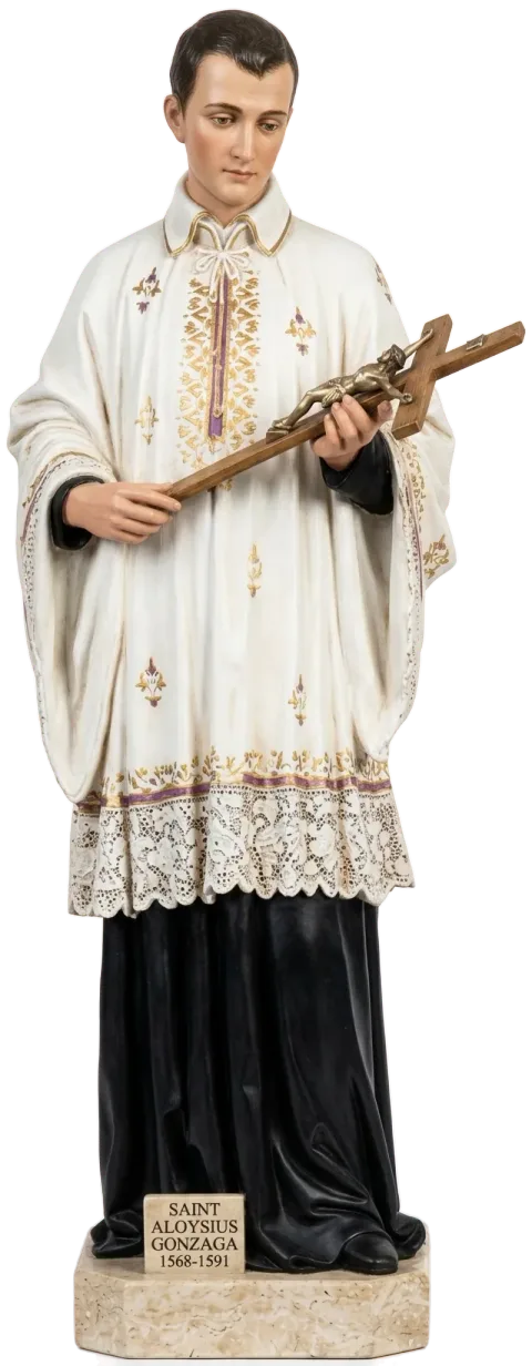 St Aloysius Gonzaga statue holding a large crucifix, in a white lace-edged surplice with gold and violet embroidery over a black cassock, natural finish