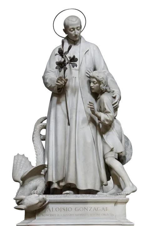 St Aloysius Gonzaga marble statue by the sculptor Ignazio Jacometti, with a halo, holding a lily, a boy beside him and a dragon at his feet, stone finish
